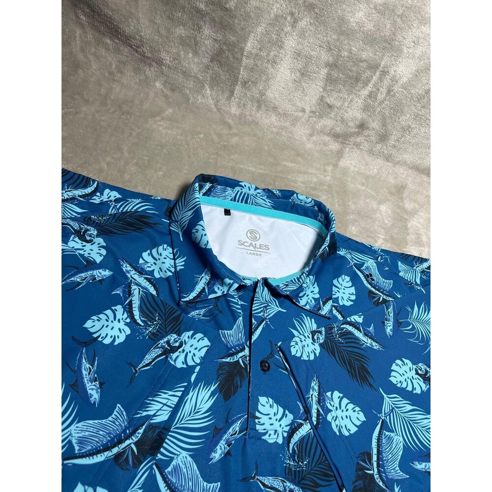 Scales Polo Shirt Men's Large Blue Fish Golf Outdoor Performance